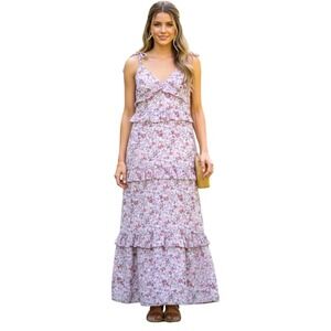 Pink Lily Floral Tiered Maxi Dress Pink Purple Ruffle  Wedding Boho Chic L